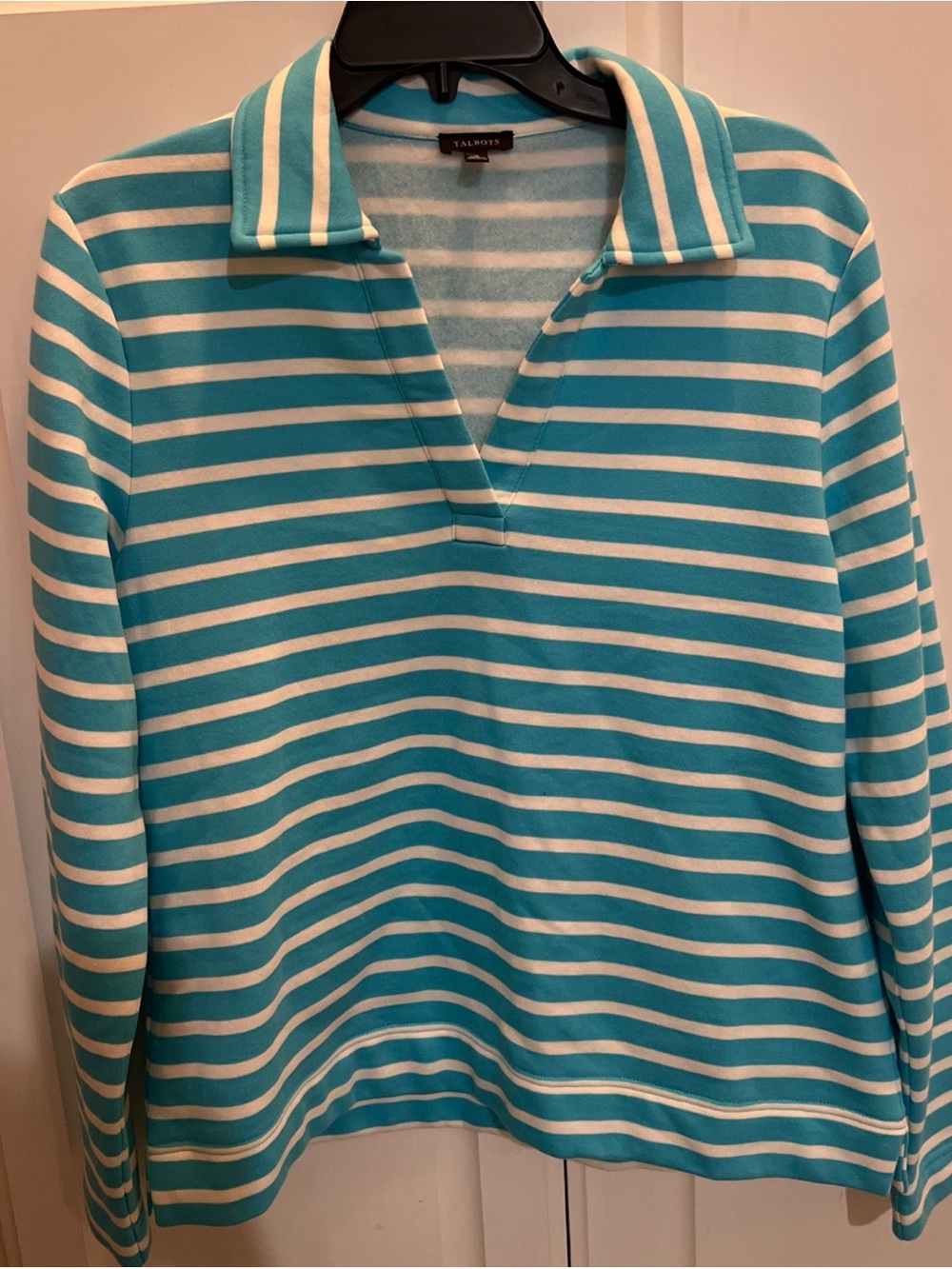 Talbots Turquoise White Striped Long Sleeve Cotton V-Neck Johnny Collar Pullover